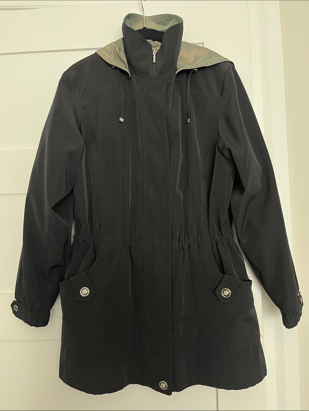 Gallery Black Hooded Trench Coat with Green Iridescent Lining